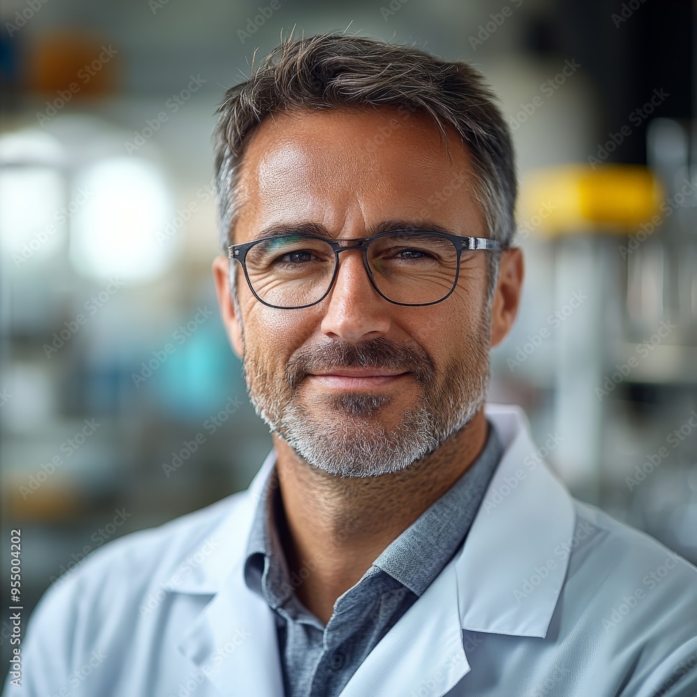 Confident Male Scientist Posed in Vivid Laboratory Setting Confident Male Scientist Posed in Vivid Laboratory Setting