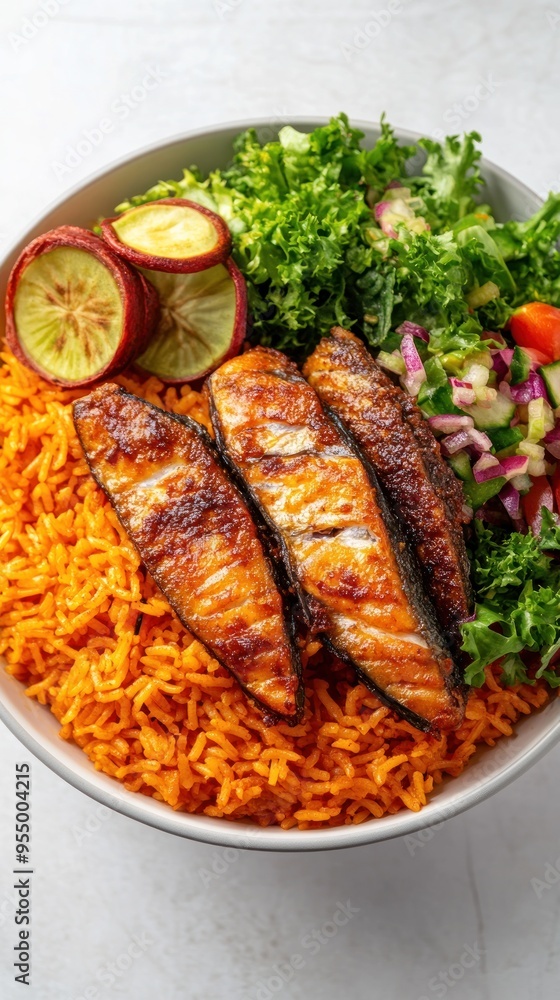 Grilled Salmon with Orange Rice and Salad in a Bowl Grilled Salmon with Orange Rice and Salad in a Bowl