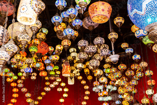 Photography Traditional Turkish mosaic lamps, hundreds of colorful lamps hanging on a market stall in Global Village, Dubai, United Arab Emirates