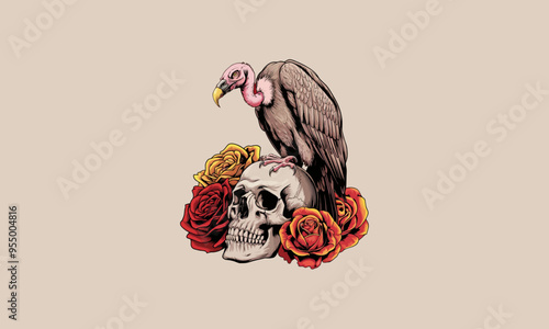 A vulture standing on a skull surrounded by roses.