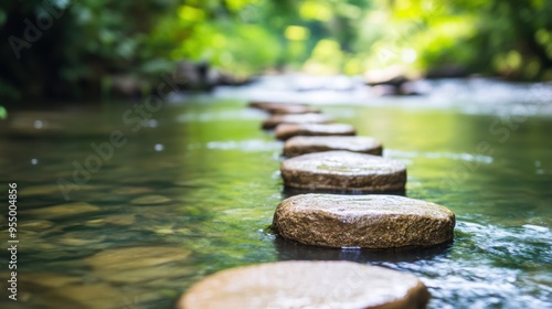 Wallpaper Mural Smooth stepping stones guide through calm waters in a tranquil river surrounded by vibrant greenery and sunlight Torontodigital.ca