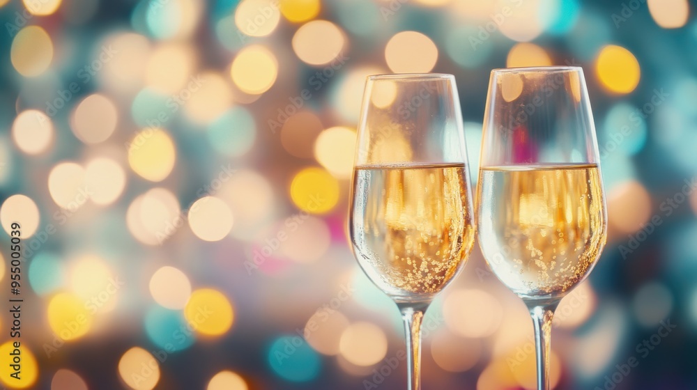 Two sparkling wine glasses stand together while soft bokeh lights twinkle in the background, setting a celebratory mood for the event Two sparkling wine glasses stand together while soft bokeh lights twinkle in the background, setting a celebratory mood for the event
