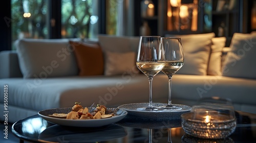 A cozy lounge with wine glasses and tapas plates on a luxurious table