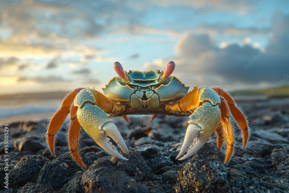 A Colorful Crab Standing on Black Lava Rocks A Colorful Crab Standing on Black Lava Rocks