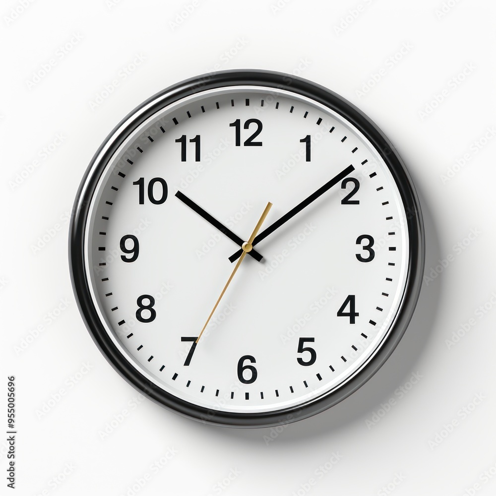 Minimalist Wall Clock with Black Hands on White Background Minimalist Wall Clock with Black Hands on White Background