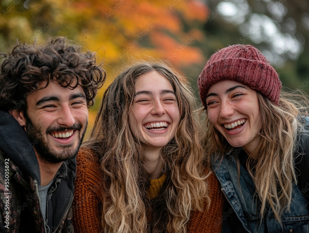 Friends laughing candidly together in a park enjoying each others company Friends laughing candidly together in a park enjoying each others company