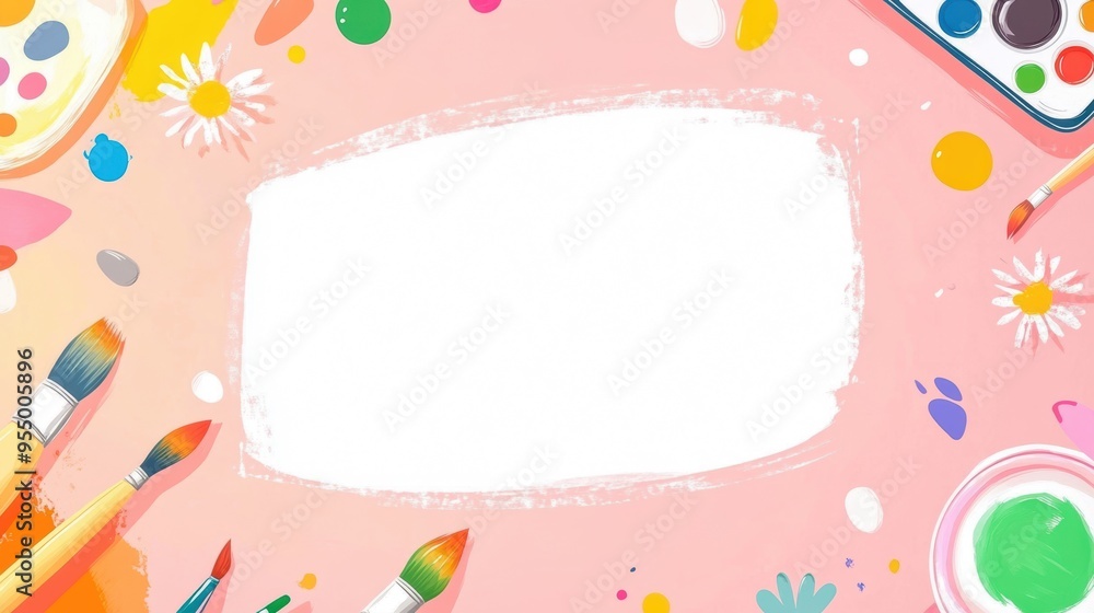 A vibrant art background featuring brushes, paints, and a blank space for creative projects and artistic expression. A vibrant art background featuring brushes, paints, and a blank space for creative projects and artistic expression.