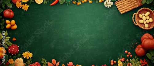 A vibrant arrangement of fresh vegetables and fruits on a chalkboard background, ideal for culinary designs and food displays.