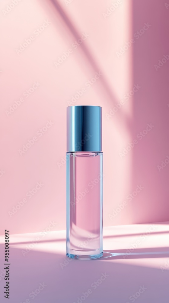 A sleek half-transparent perfume bottle stands elegantly against a soft pink backdrop, enhanced by gentle shadows and light A sleek half-transparent perfume bottle stands elegantly against a soft pink backdrop, enhanced by gentle shadows and light