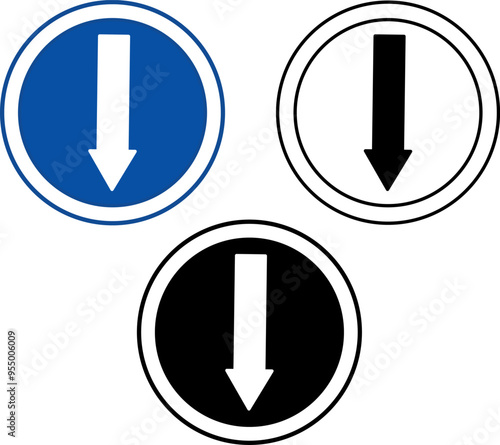 Reverse Signs. Blue Road Signs. Down Arrow. Black and White Vector Icons