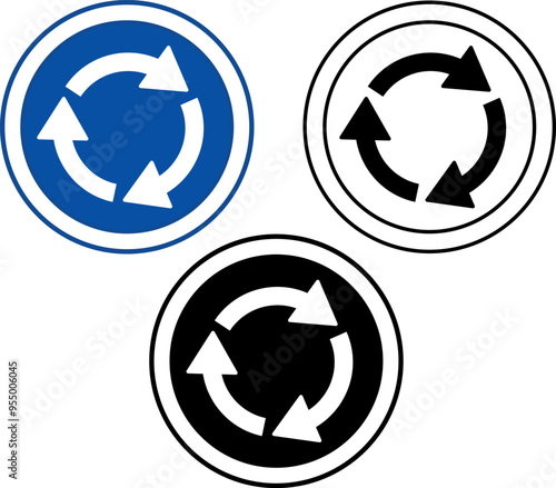 Roundabout Ahead Signs. Blue Road Signs. Roundabout Right Arrow. Black and White Vector Icons