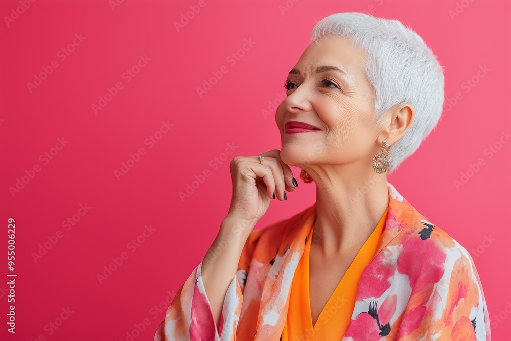A woman with short gray hair is wearing a floral print dress and a pink background. She is smiling and looking to the right A woman with short gray hair is wearing a floral print dress and a pink background. She is smiling and looking to the right