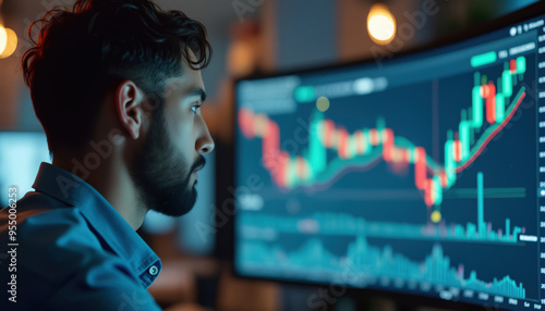 Trader Analyzing Stock Market Data on Monitors: A trader analyzing stock market data on multiple monitors, representing financial strategy and market analysis.