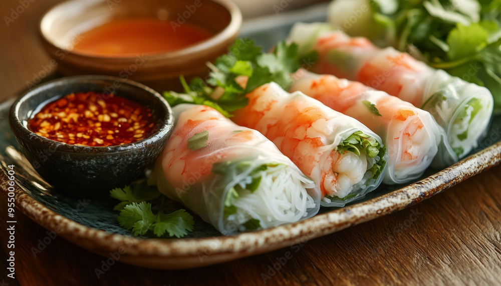 fresh Thai or Vietnam spring rolls with shrimp, vermicelli, and herbs, accompanied by a sweet chili dipping sauce fresh Thai or Vietnam spring rolls with shrimp, vermicelli, and herbs, accompanied by a sweet chili dipping sauce