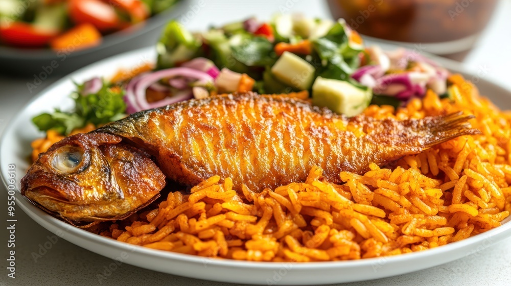 Fried Fish Served with Rice and Side Salad Fried Fish Served with Rice and Side Salad