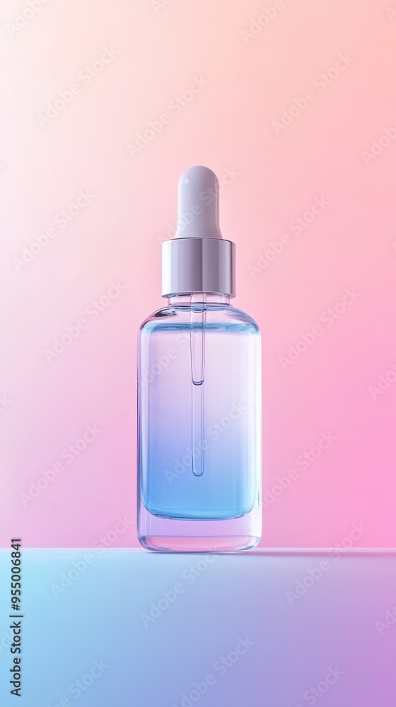 A half transparent serum bottle stands elegantly on a sleek surface, showcasing a gradient design against a pastel backdrop A half transparent serum bottle stands elegantly on a sleek surface, showcasing a gradient design against a pastel backdrop