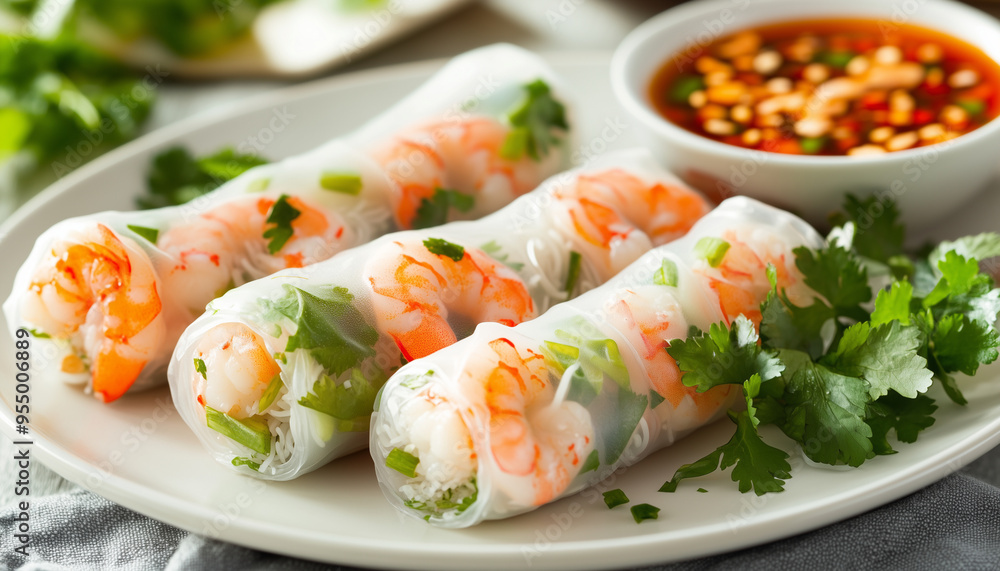 fresh Thai spring rolls with shrimp, vermicelli, and herbs, accompanied by a sweet chili dipping sauce fresh Thai spring rolls with shrimp, vermicelli, and herbs, accompanied by a sweet chili dipping sauce