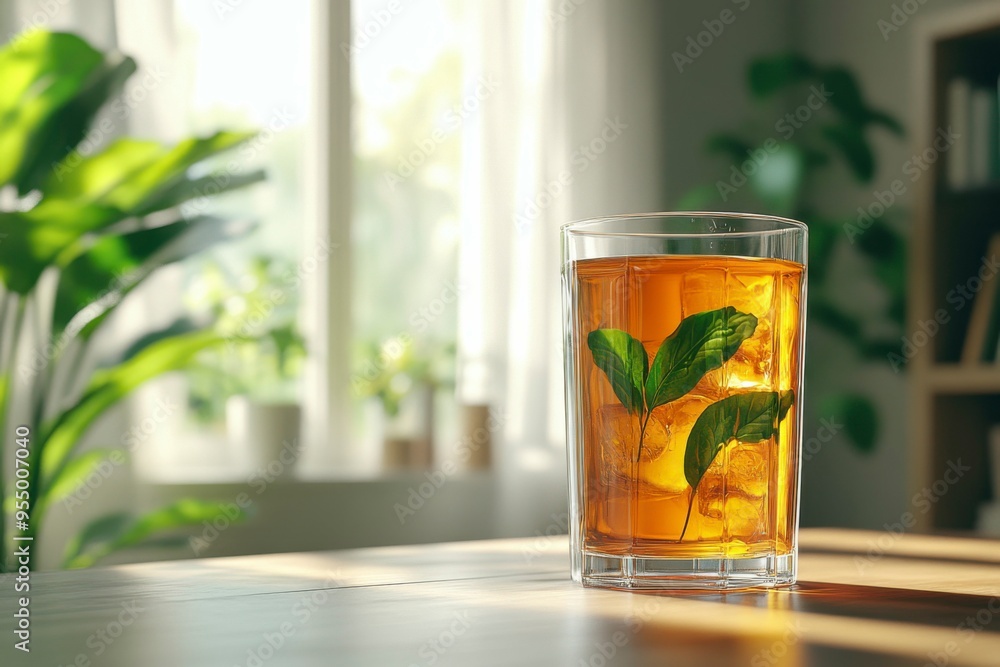 Glass of Iced Tea with Green Leaves and Ice Cubes on a Wooden Table Glass of Iced Tea with Green Leaves and Ice Cubes on a Wooden Table