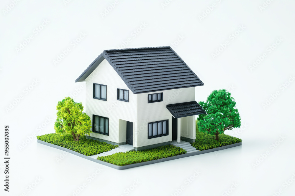 Modern Suburban House with Trees isolated on white background. Suburban Real estate Exterior with Greenery Modern Suburban House with Trees isolated on white background. Suburban Real estate Exterior with Greenery