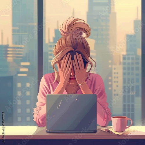 Stressed woman working from home at her laptop with a city view during the evening, overwhelmed by tasks and deadlines