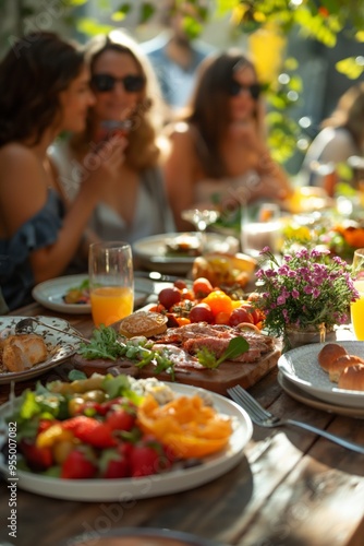 Outdoor brunch among friends with fresh food, drinks, and flowers on a sunny day.