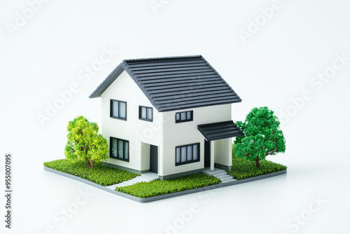Modern Suburban House with Trees isolated on white background. Suburban Real estate Exterior with Greenery
