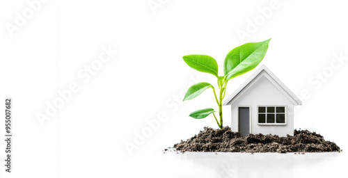 Eco friendly real estate investment concept background. Plant Leaves Sprouting Model House with copy space