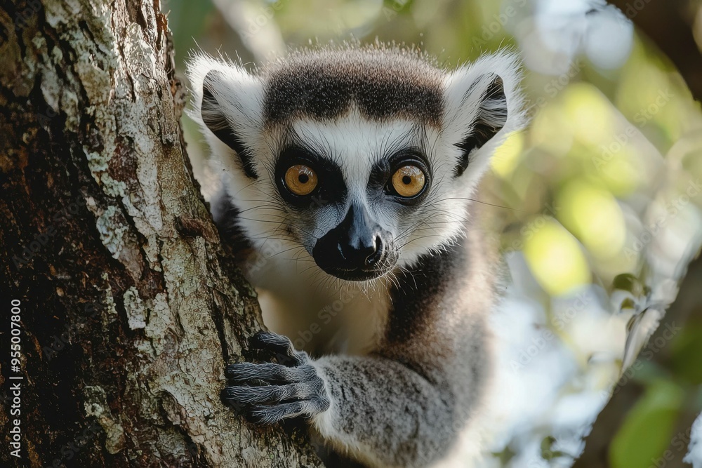 Naklejka premium Close-up of a Ring-tailed Lemur's Face and Hand on a Tree Trunk