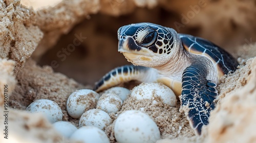 Fototapeta Naklejka Na Ścianę i Meble -  Closeup of a sea turtle gently covering its newly laid eggs with sand on a tropical beach preserving and protecting the nest for the hatchlings to emerge in the future