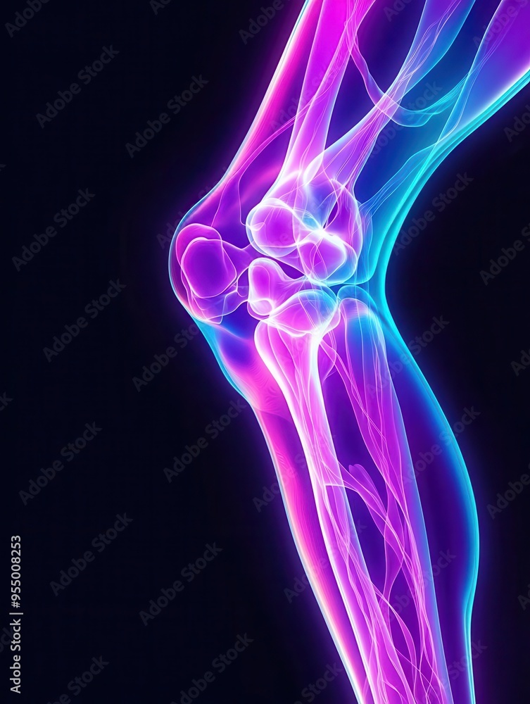 Vibrant abstract X-ray image showcasing a colorful illustration of a knee joint, highlighting bones and ligaments against a dark background. Vibrant abstract X-ray image showcasing a colorful illustration of a knee joint, highlighting bones and ligaments against a dark background.