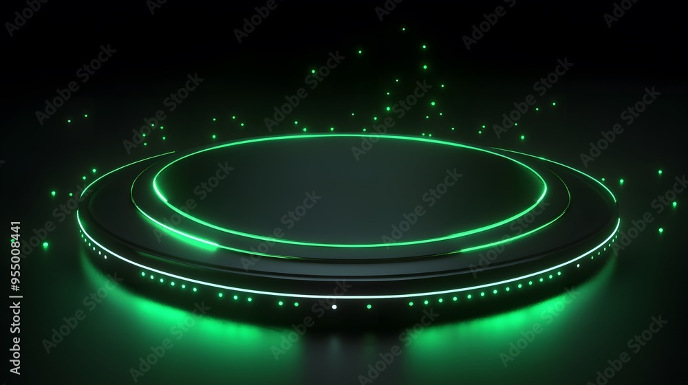 Fototapeta premium Technology green circle light stage on black background
