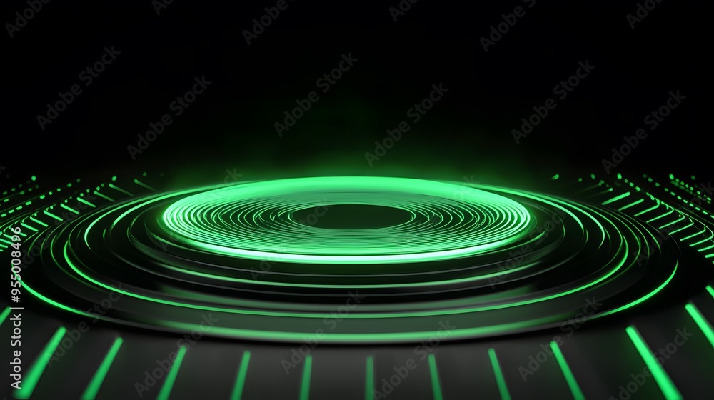 Fototapeta premium Technology green circle light stage on black background