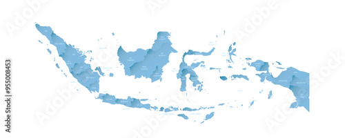 Indonesia political map of administrative divisions - provinces and special regions. Shaded vector map with 3D-like blue gradient and name labels