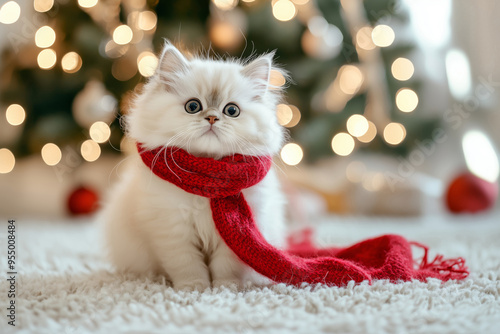 Cute fluffy kitten in a red scarf near the Christmas tree