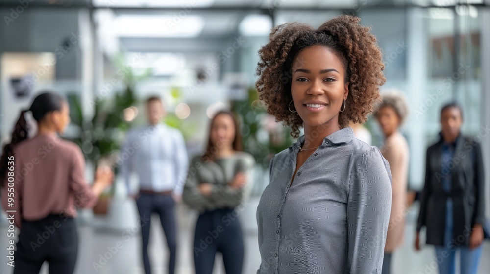 A woman with curly hair is smiling for the camera in front of a group of people A woman with curly hair is smiling for the camera in front of a group of people
