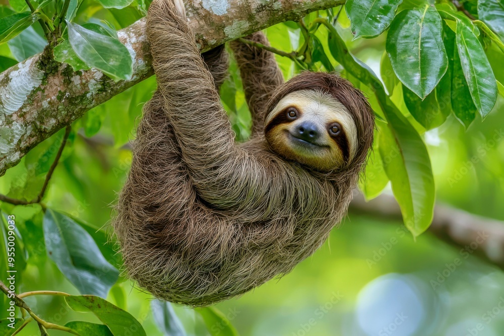 A Close-Up Portrait of a Sloth Hanging on a Tree Branch A Close-Up Portrait of a Sloth Hanging on a Tree Branch