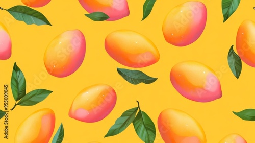 mango on yellow background illustration. mango pattern for printin photo