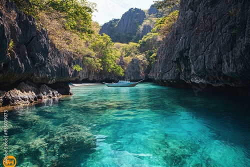 Coron El Nido Palawan Philippines Tropical Paradise Clear Blue Waters and Limestone Cliffs south east asia landscape , ai