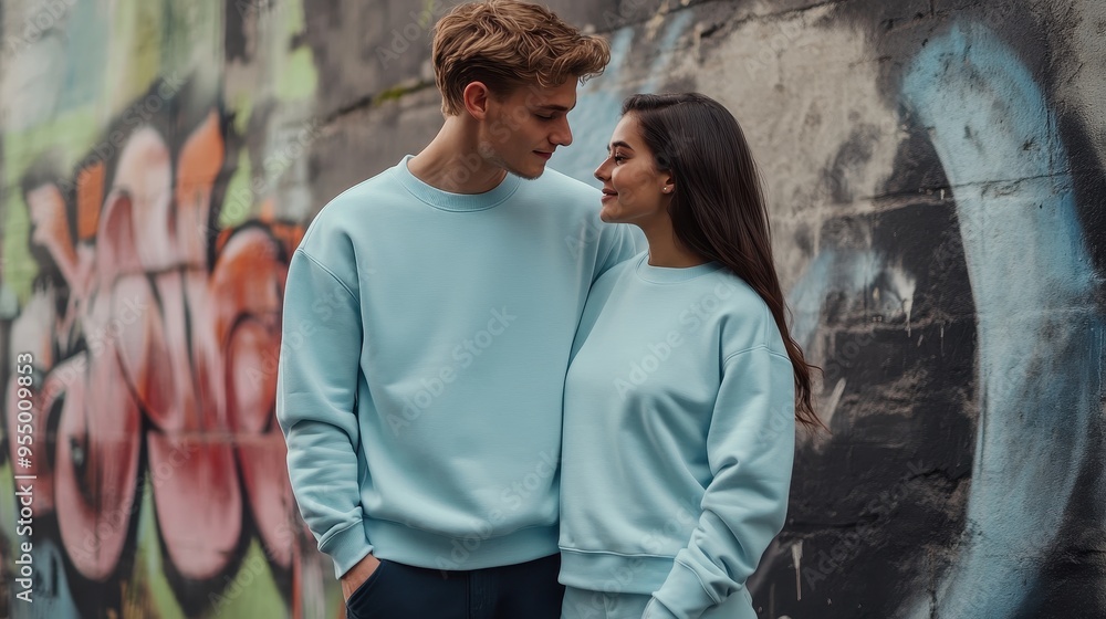 A young couple shares an intimate moment while wearing coordinated pastel outfits near vibrant street art in an urban environment A young couple shares an intimate moment while wearing coordinated pastel outfits near vibrant street art in an urban environment