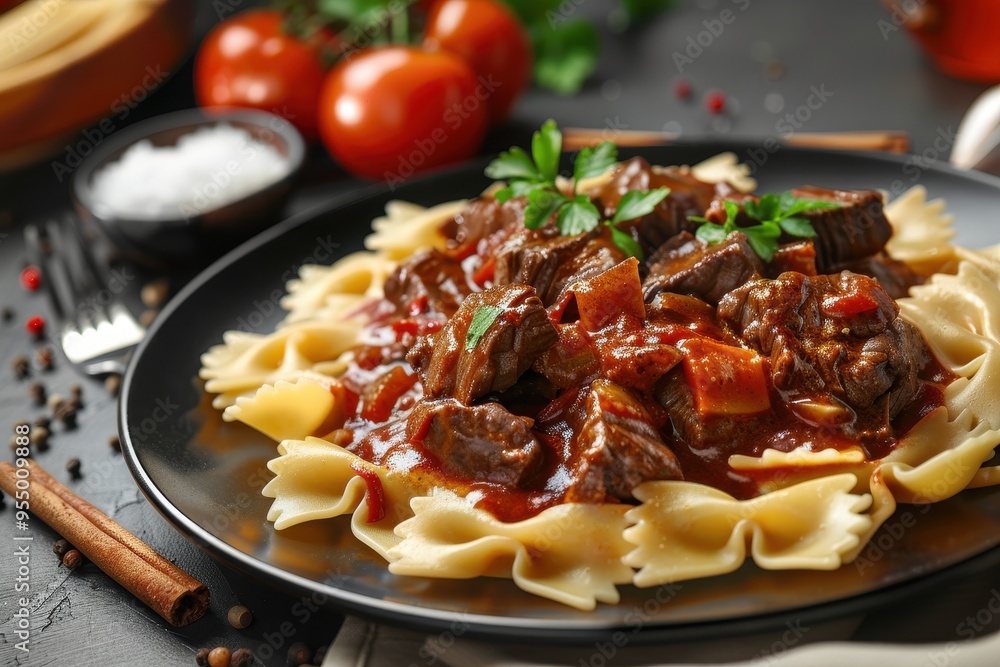 A serving of kokkinisto, beef stew cooked in a rich tomato sauce with cinnamon and cloves, served with pasta A serving of kokkinisto, beef stew cooked in a rich tomato sauce with cinnamon and cloves, served with pasta