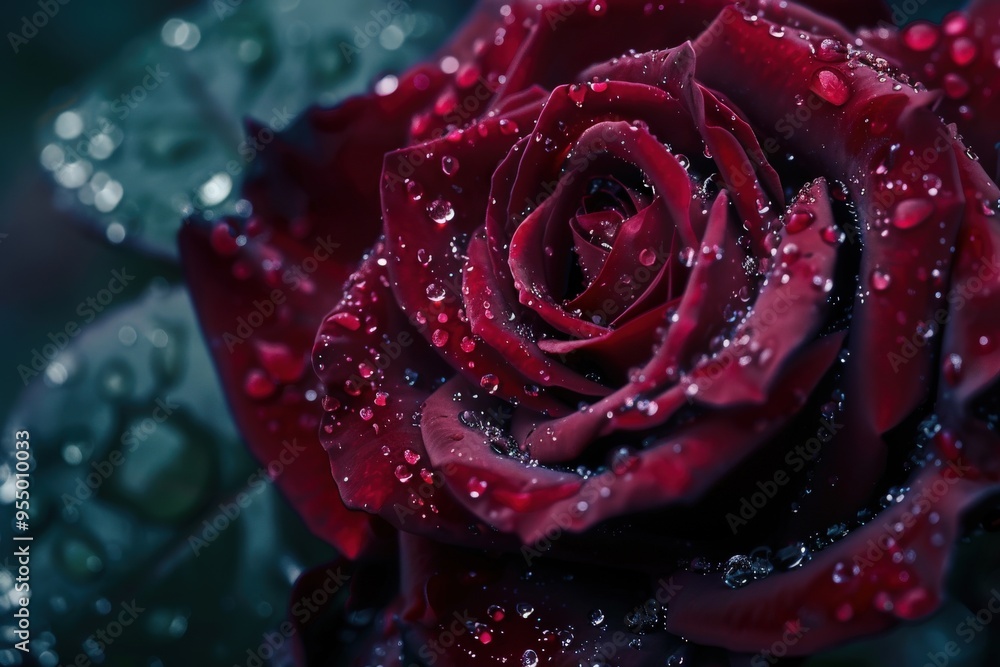 Naklejka premium Dark Red Rose Blooming on Bright Day with Water Drops- Beautiful and Big