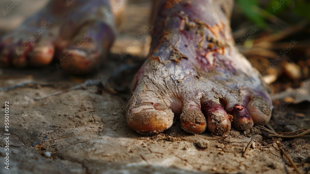 A grim image of a muddy, injured foot surrounded by dry earth and debris, creating a somber tone. Toes exposed, ankle wound visible. A grim image of a muddy, injured foot surrounded by dry earth and debris, creating a somber tone. Toes exposed, ankle wound visible.