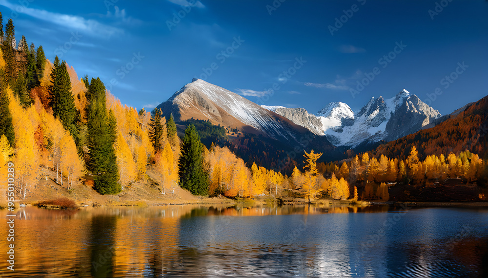 Obraz premium Tranquil Autumn Mountain Panorama with Vibrant Foliage and Serene Lake