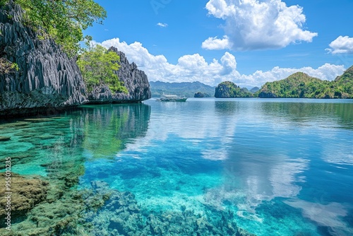 Coron El Nido Palawan Philippines Tropical Paradise Clear Blue Waters and Limestone Cliffs south east asia landscape , ai