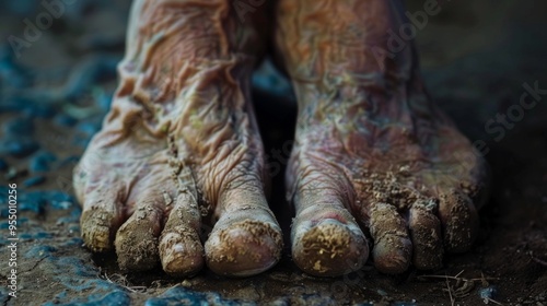 Wallpaper Mural Detailed image of elderly feet on earth, covered in mud, revealing wrinkles and deformities. Highlights age and wear, set against dark background in stark realism. Torontodigital.ca