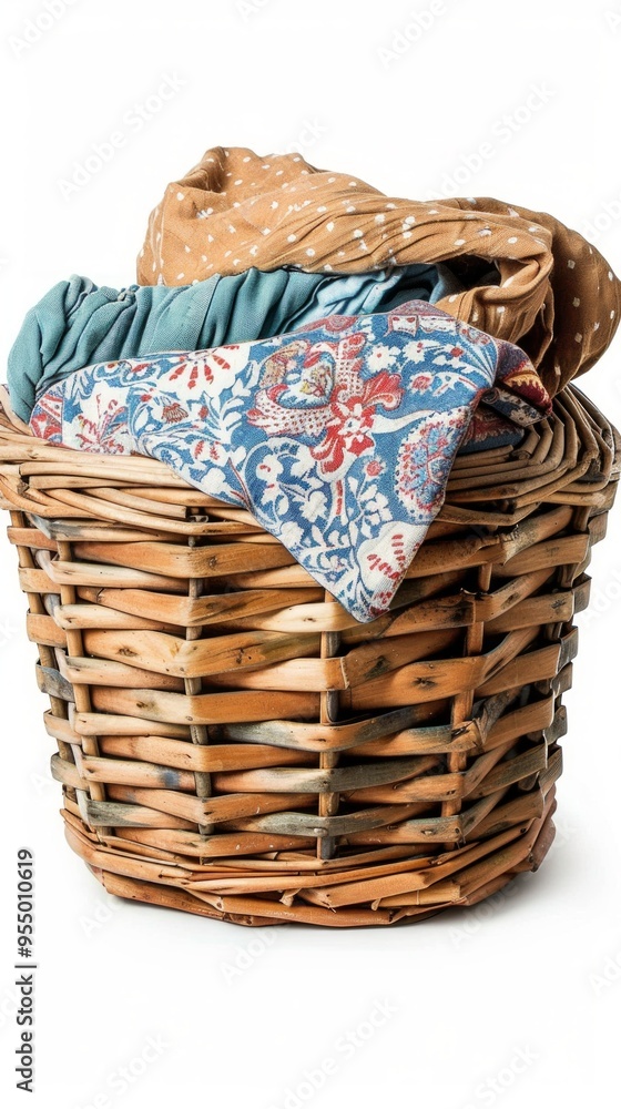 Obraz premium A colorful wicker basket holds folded clothes in various colors and patterns. Resting on a white surface, it stands out against a pure white background.