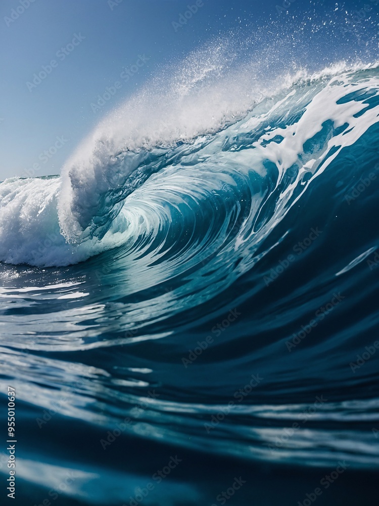 Photograph of a blue ocean wave with a white crest. Photograph of a blue ocean wave with a white crest.