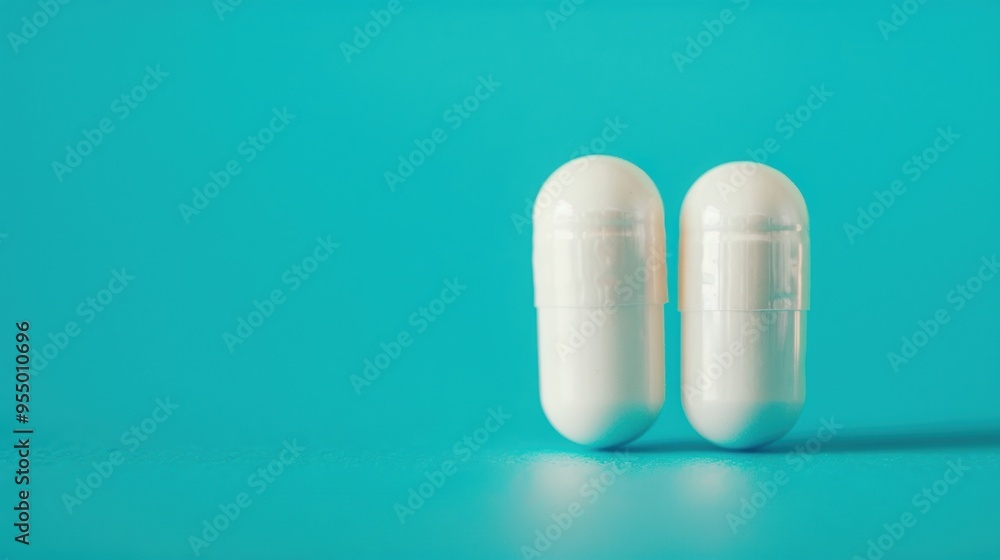 Two white capsules sit side by side on a vibrant blue backdrop, emphasizing a simple and clean representation of medicine Two white capsules sit side by side on a vibrant blue backdrop, emphasizing a simple and clean representation of medicine