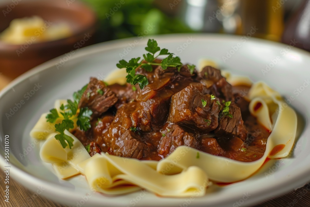 A serving of kokkinisto, beef stew cooked in a rich tomato sauce with cinnamon and cloves, served with pasta A serving of kokkinisto, beef stew cooked in a rich tomato sauce with cinnamon and cloves, served with pasta