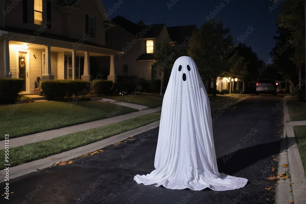A cute sheet ghost trick or treat in the street at night for Halloween with copy space. A cute sheet ghost trick or treat in the street at night for Halloween with copy space.